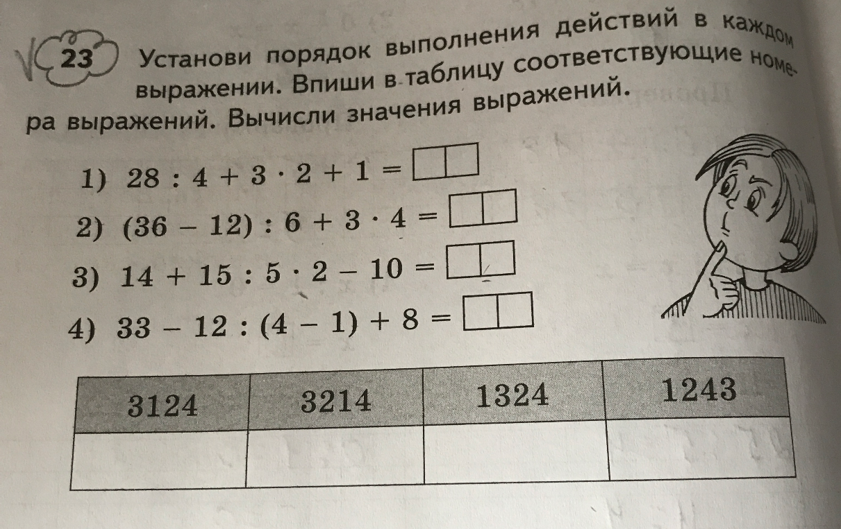 Установи порядок выполнения действий в каждом выражении. Впиши в таблицу соответствующие номера выражений. Вычисли значения выражений.