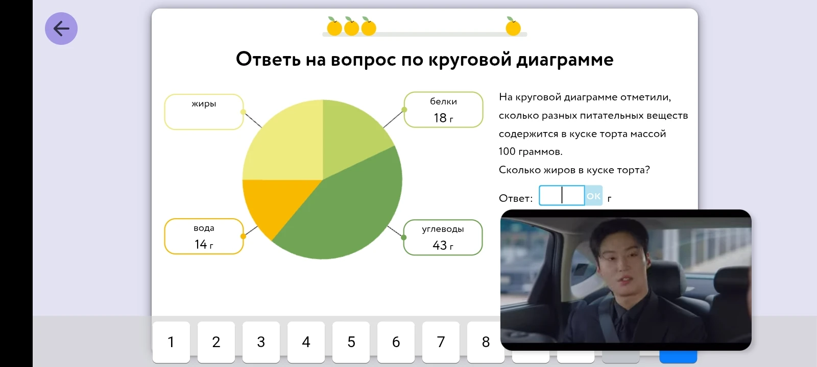 На круговой диаграмме отметили, сколько разных питательных веществ содержится в куске торта массой 100 граммов.
