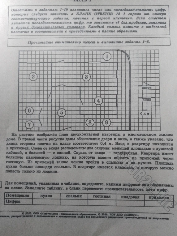 Для помещений, указанных в таблице, определите, какими цифрами они обозначены на плане. Заполните таблицу, в бланк перенесите последовательность пяти цифр.