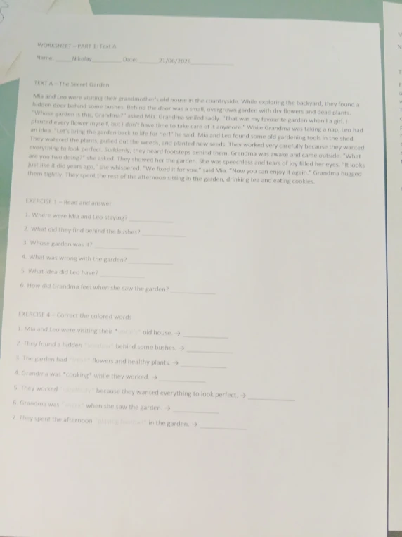 WORKSHEET – PART 1: Text A