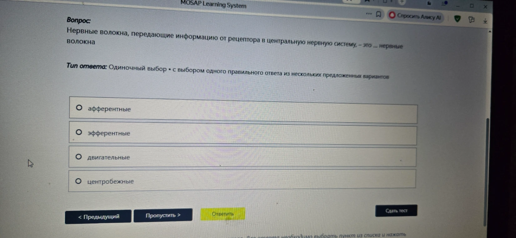 Нервные волокна, передающие информацию от рецептора в центральную нервную систему, — это ... нервные волокна