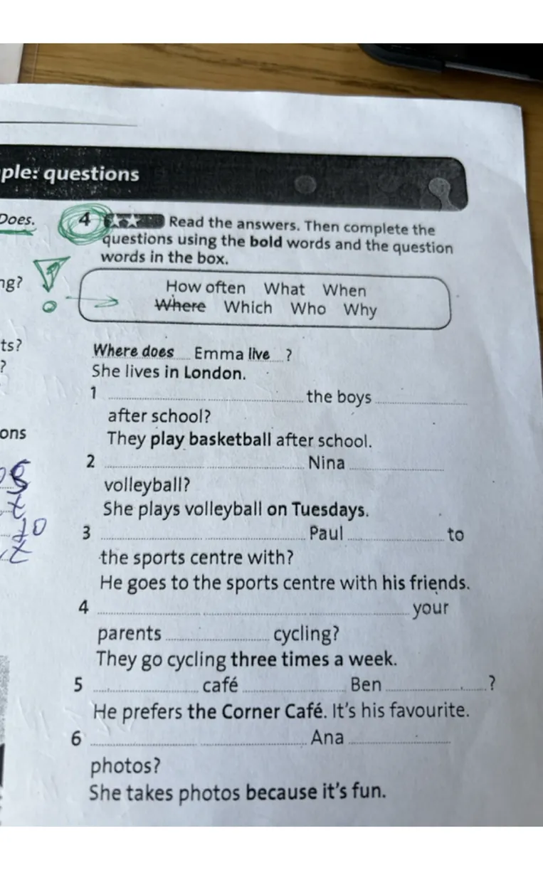 Read the answers. Then complete the questions using the bold words and the question words in the box.