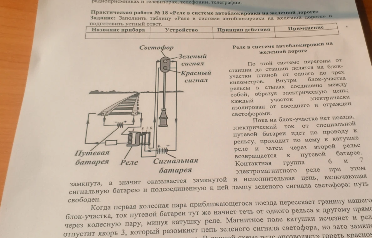 Практическая работа № 18 «Реле в системе автоблокировки на железной дороге» Задание: Заполнить таблицу «Реле в системе автоблокировки на железной дороге» и подготовить устный ответ.