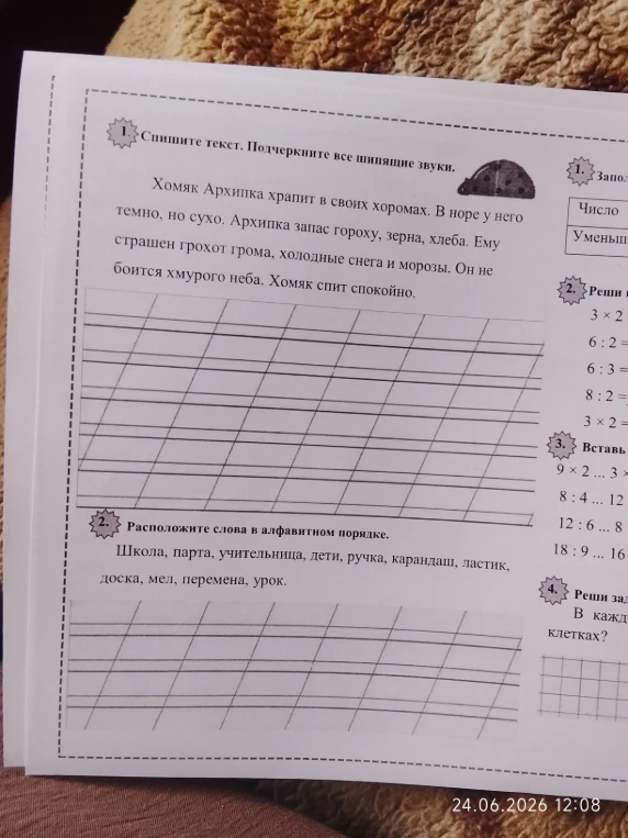 Спишите текст. Подчеркните все шипящие звуки.