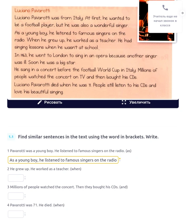 1.1 Find similar sentences in the text using the word in brackets. Write.