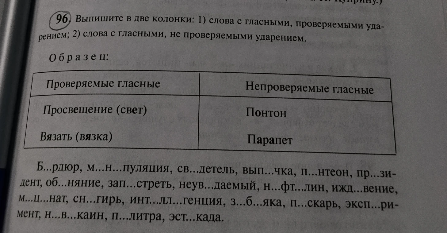 Выпишите в две колонки: 1) слова с гласными, проверяемыми ударением; 2) слова с гласными, не проверяемыми ударением.