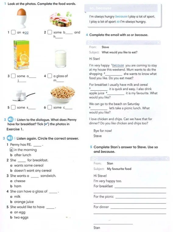 Look at the photos. Complete the food words.