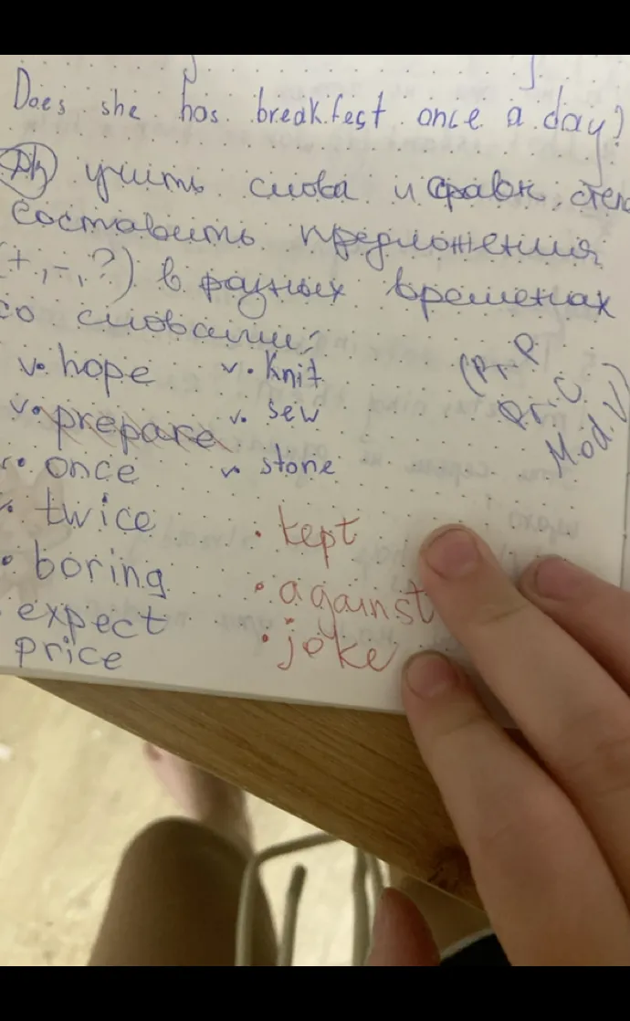 Составить предложения (+, -, ?) в разных временах со словами: hope, prepare, once, twice, boring, expect, price, knit, sew, stone, kept, against, joke.