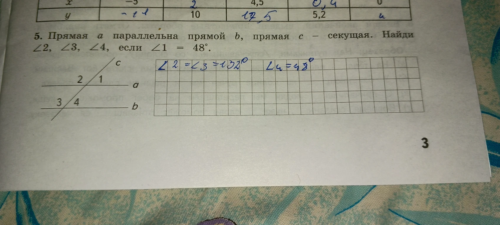 5. Прямая a параллельна прямой b, прямая c — секущая. Найди ∠2, ∠3, ∠4, если ∠1 = 48°.