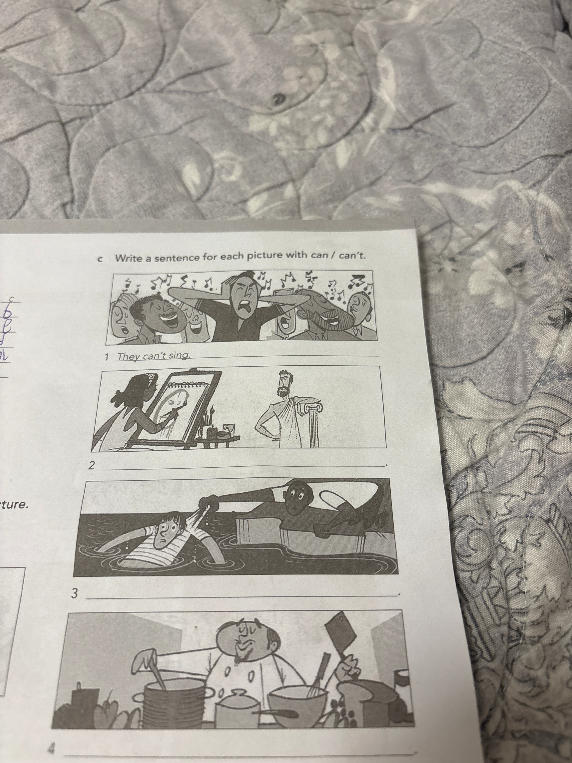 c Write a sentence for each picture with can / can't.