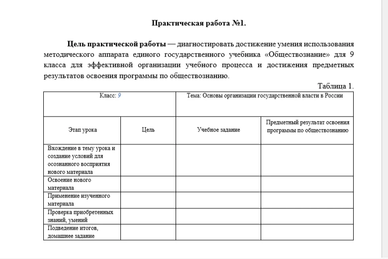 Практическая работа №1. Цель практической работы — диагностировать достижение умения использования методического аппарата единого государственного учебника «Обществознание» для 9 класса