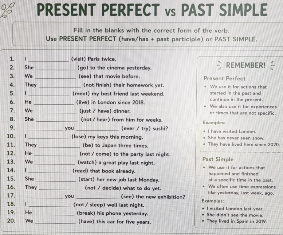 Fill in the blanks with the correct form of the verb. Use PRESENT PERFECT (have/has + past participle) or PAST SIMPLE.
