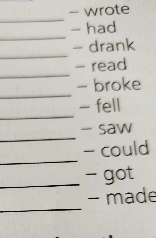 Переведи список английских глаголов в прошедшем времени: wrote, had, drank, read, broke, fell, saw, could, got, made.