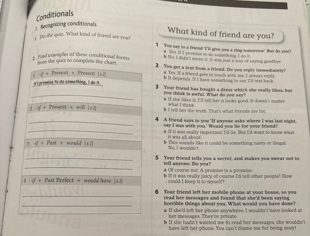 Find examples of these conditional forms from the quiz to complete the chart.