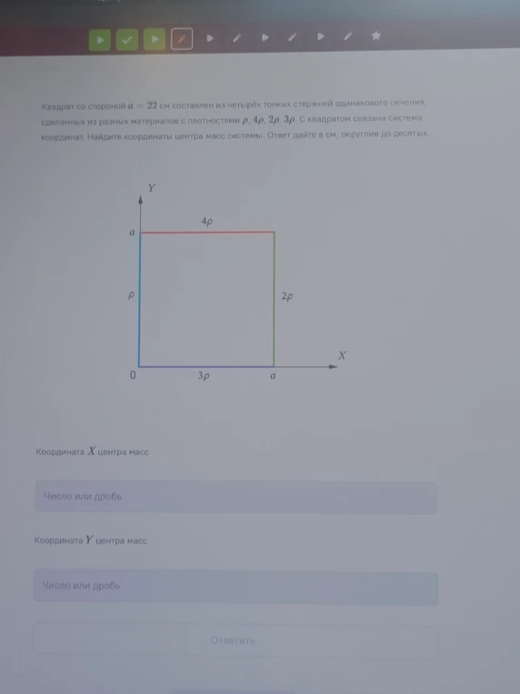 Квадрат со стороной а = 22 см составлен из четырех тонких стержней одинакового сечения, сделанных из разных материалов с плотностями ρ, 4ρ, 2ρ, 3ρ.