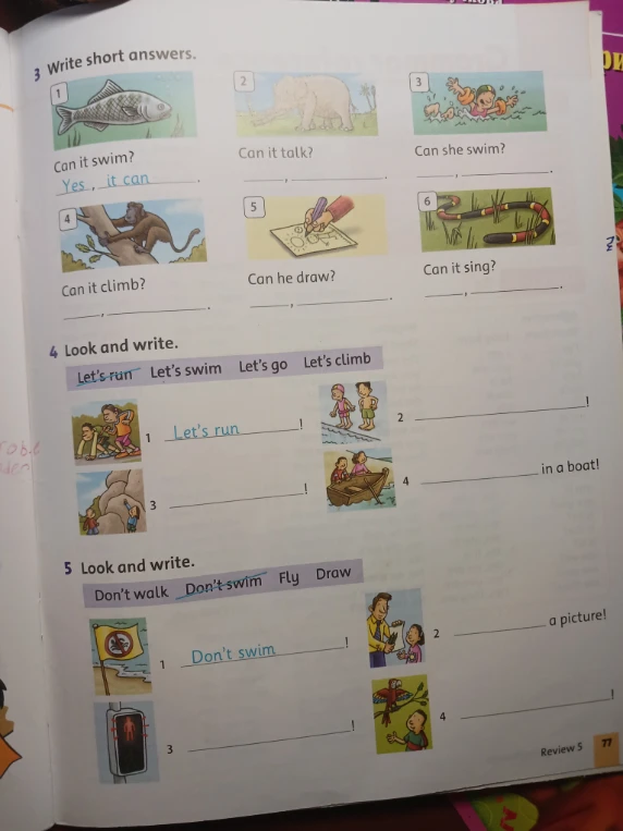 Write short answers. Look and write. Look and write.