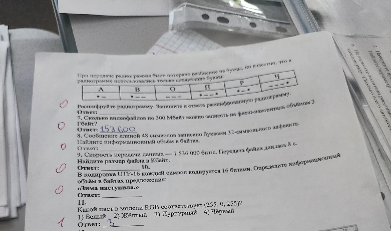 7. Сколько видеофайлов по 300 Мбайт можно записать на флеш-накопитель объёмом 2 Гбайт?