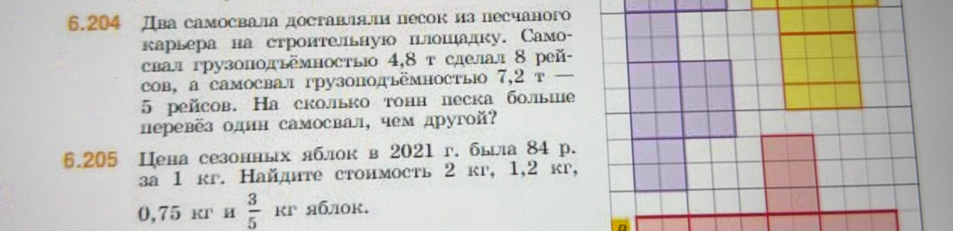 6.204 Два самосвала доставляли песок из песчаного карьера на строительную площадку. Самосвал грузоподъёмностью 4,8 т сделал 8 рейсов, а самосвал грузоподъёмностью 7,2 т — 5 рейсов. На сколько тонн песка больше перевёз один самосвал, чем другой?