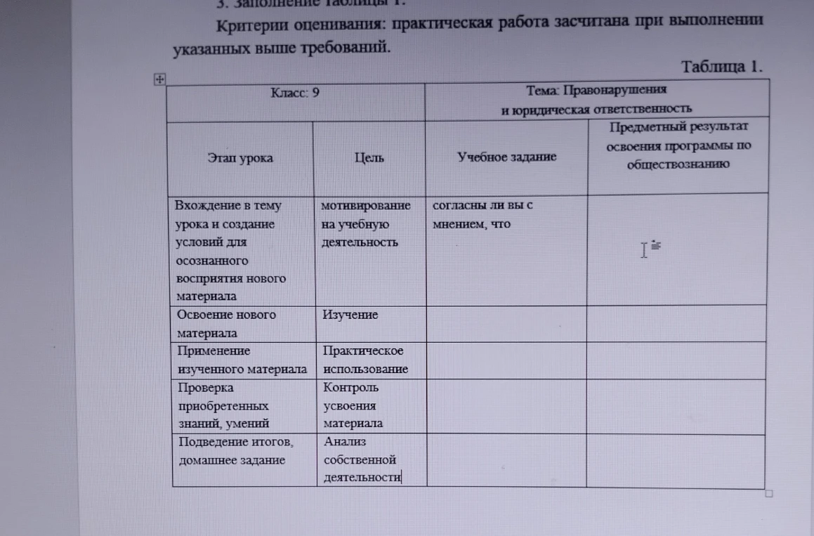 Заполнение таблицы 1.