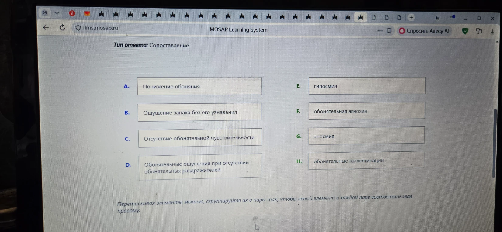Перетаскивая элементы мышью, сгруппируйте их в пары так, чтобы левый элемент в каждой паре соответствовал правому.