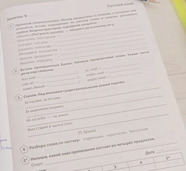 Прочитай словосочетания. Между предлогами и словами, к которым они относятся, вставь подходящее по смыслу слово и запиши, раскрывая скобки. Выдели приставки, подчеркни предлоги.