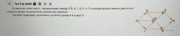 На рисунке схема дорог, связывающих города А, Б, В, Г, Д, Е, К. По каждой дороге можно двигаться только в одном направлении, указанном стрелкой. Сколько существует различных путей из города А в город К?