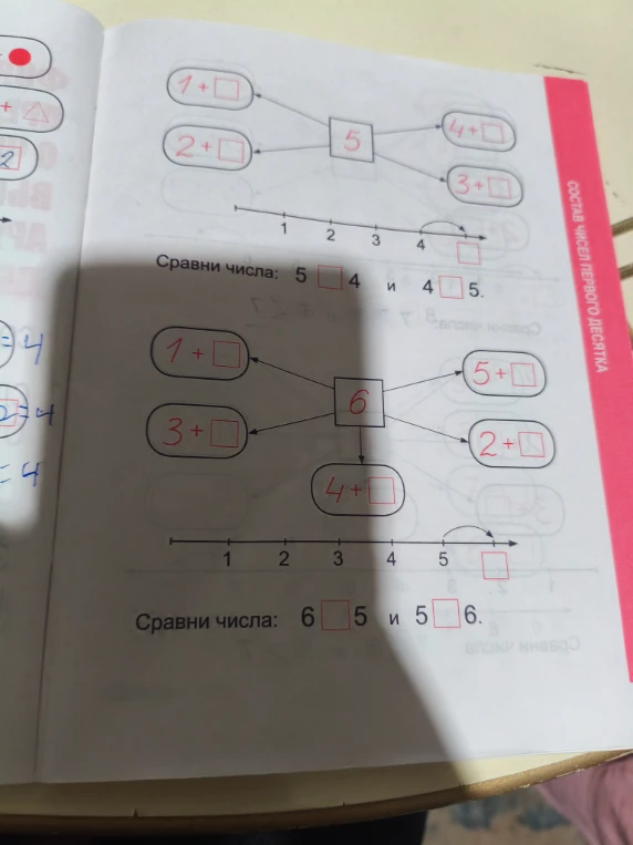 Состав чисел первого десятка. Сравни числа: 5 [ ] 4 и 4 [ ] 5. Сравни числа: 6 [ ] 5 и 5 [ ] 6.