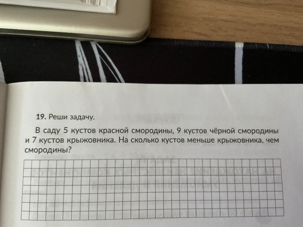 19. Реши задачу. В саду 5 кустов красной смородины, 9 кустов чёрной смородины и 7 кустов крыжовника. На сколько кустов меньше крыжовника, чем смородины?