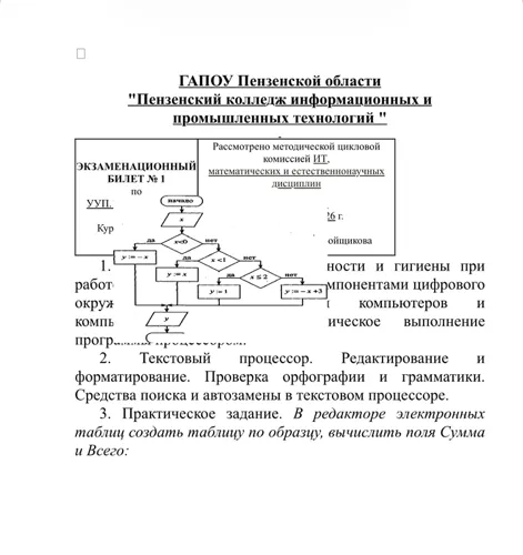 ЭКЗАМЕНАЦИОННЫЙ БИЛЕТ № 1. 1. [Анализ блок-схемы]. 2. Текстовый процессор. Редактирование и форматирование. Проверка орфографии и грамматики. Средства поиска и автозамены в текстовом процессоре. 3. Практическое задание. В редакторе электронных таблиц создать таблицу по образцу...