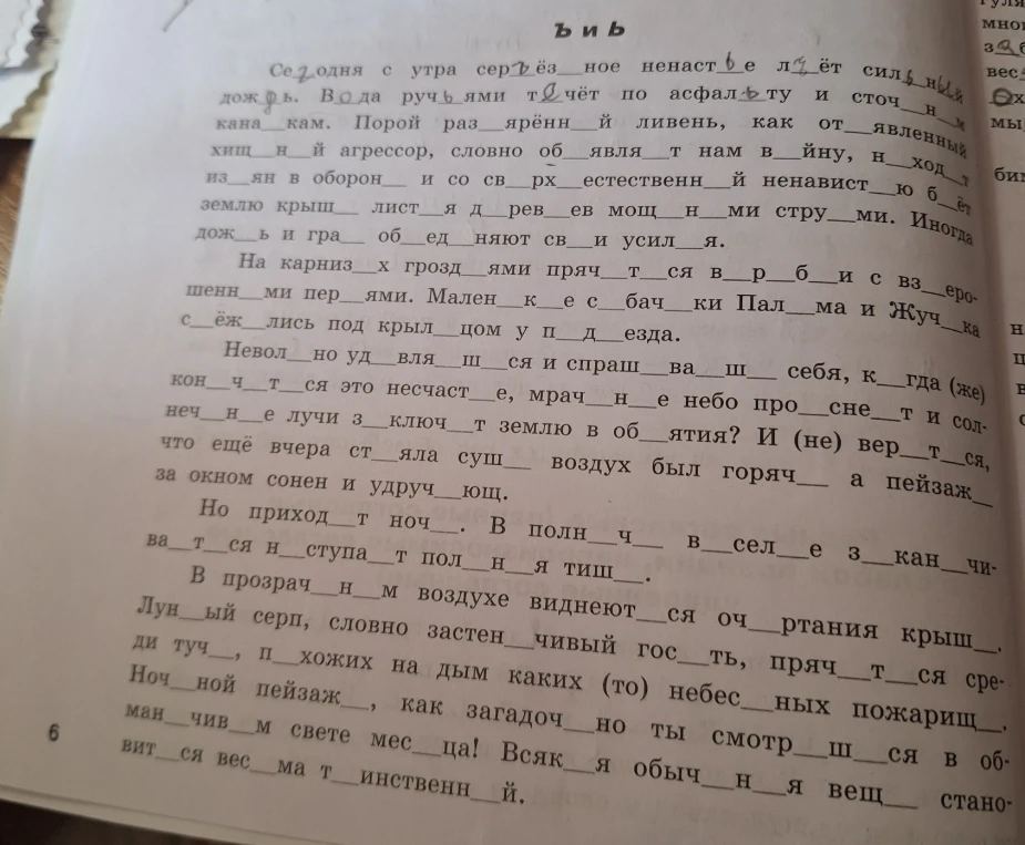 Сегодня с утра сер...ное ненаст...е л...ёт сил...ный дож...ь. Вода руч...ями т...чёт по асфал...ту и сточ...н...м кана...кам.