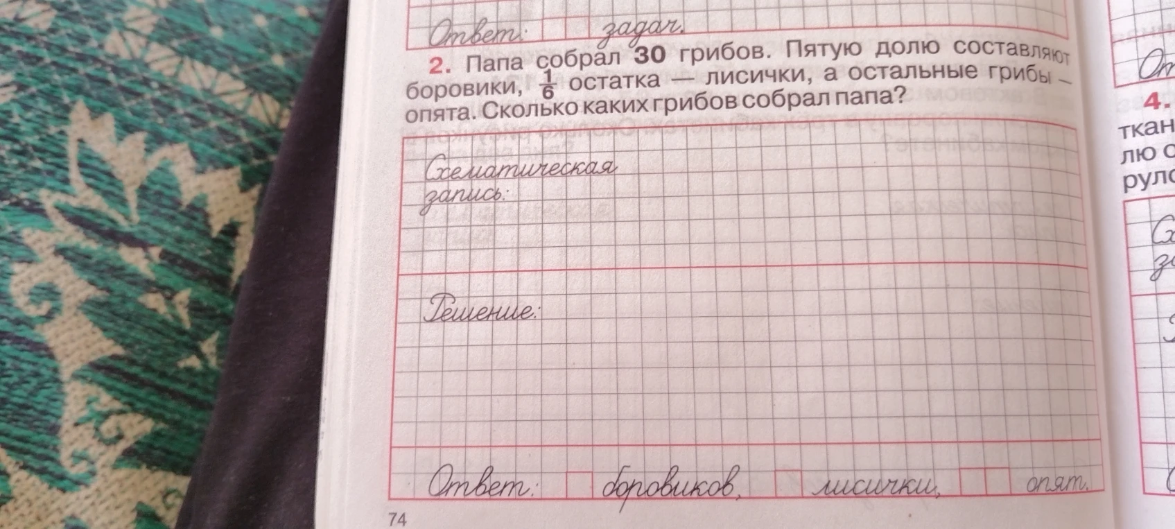 Папа собрал 30 грибов. Пятую долю составляют боровики, 1/6 остатка — лисички, а остальные грибы — опята. Сколько каких грибов собрал папа?