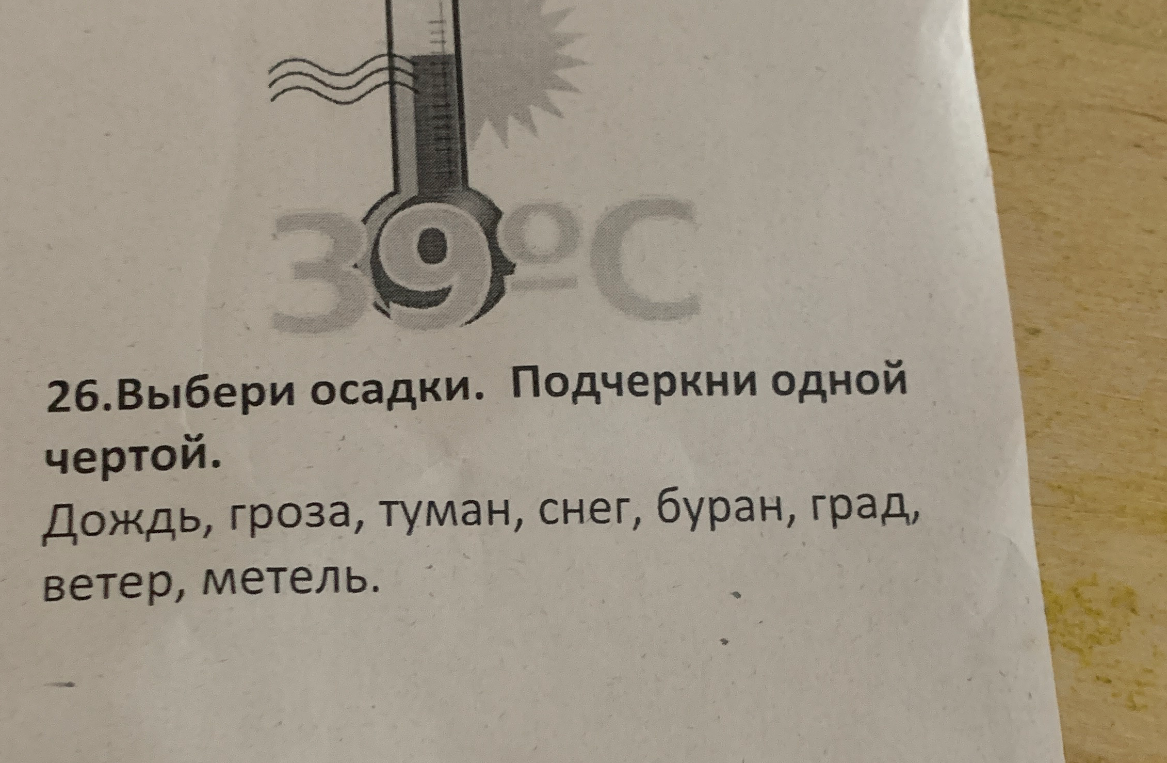 26.Выбери осадки. Подчеркни одной чертой. Дождь, гроза, туман, снег, буран, град, ветер, метель.