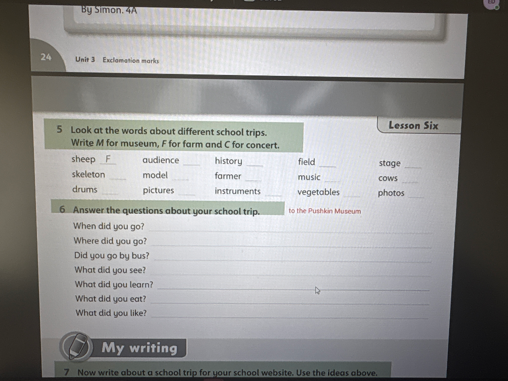 Look at the words about different school trips. Write M for museum, F for farm and C for concert.