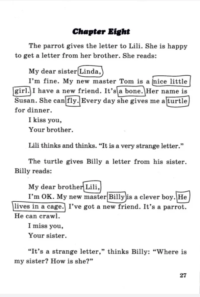 Chapter Eight The parrot gives the letter to Lili. She is happy to get a letter from her brother. She reads: My dear sister Linda, I'm fine. My new master Tom is a nice little girl.