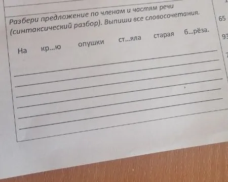 Разбери предложение по членам и частям речи (синтаксический разбор). Выпиши все словосочетания. На кр...ю опушки ст...яла старая б...рёза.