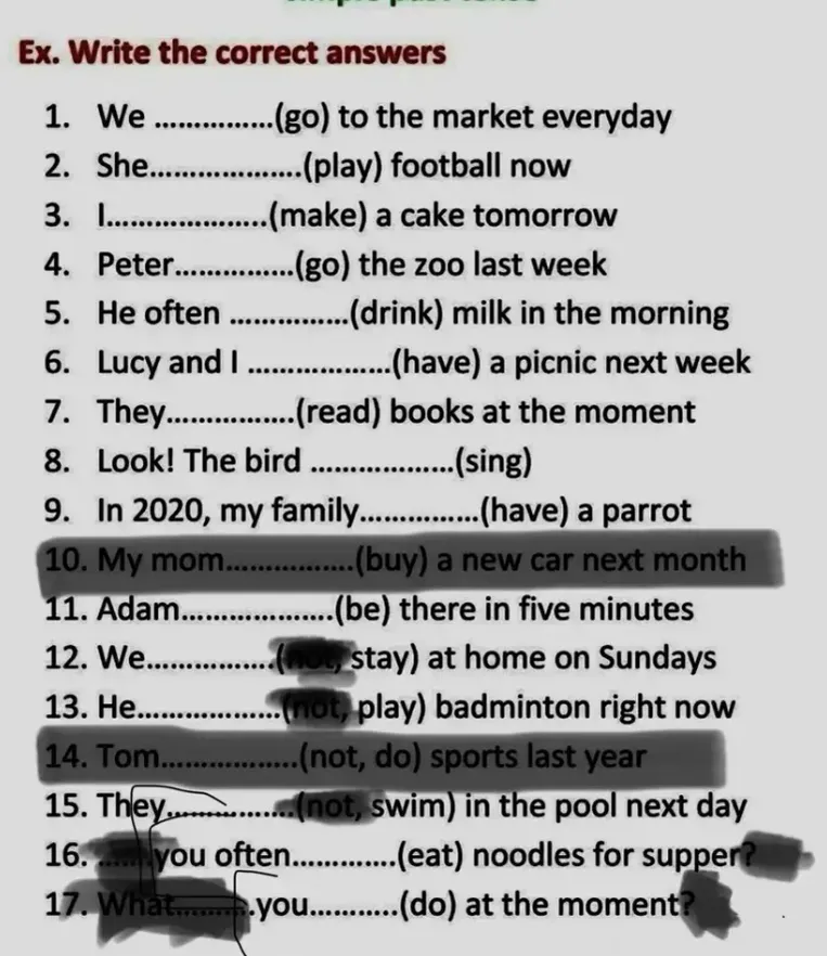 Ex. Write the correct answers 1. We .............(go) to the market everyday