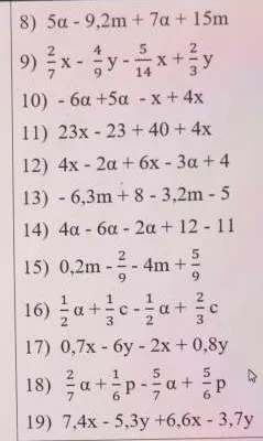 8) 5\alpha - 9,2m + 7\alpha + 15m