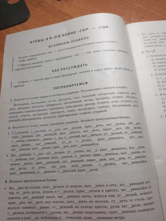 3. Вставьте пропущенные буквы. Заг_рая на солнце, разг_релись от мороза, выл_жить в сеть, дог_рающий костёр, сг_реть дотла, играть в г_релки, прик_саться к цветку, заг_ревшийся от спички, дог_равший закат, наг_ревшая свеча, мчится как уг_релый, немного приг_рев, заг_рать под тентом, разл_жить по полкам, ст_реть со стола, произошло самовозг_рание, сг_ревший на солнце цветок, руки заг_рели, пахнет г_релым, начинается г_рение, заг_релые спортсмены, приг_ревшая сковорода, занятия в разг_ре, небольшое р_стеньице, прик_сновенье ветра.