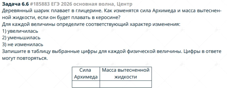 Деревянный шарик плавает в глицерине. Как изменятся сила Архимеда и масса вытесненной жидкости, если он будет плавать в керосине?