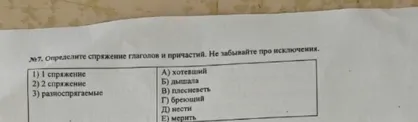 №7. Определите спряжение глаголов и причастий. Не забывайте про исключения.