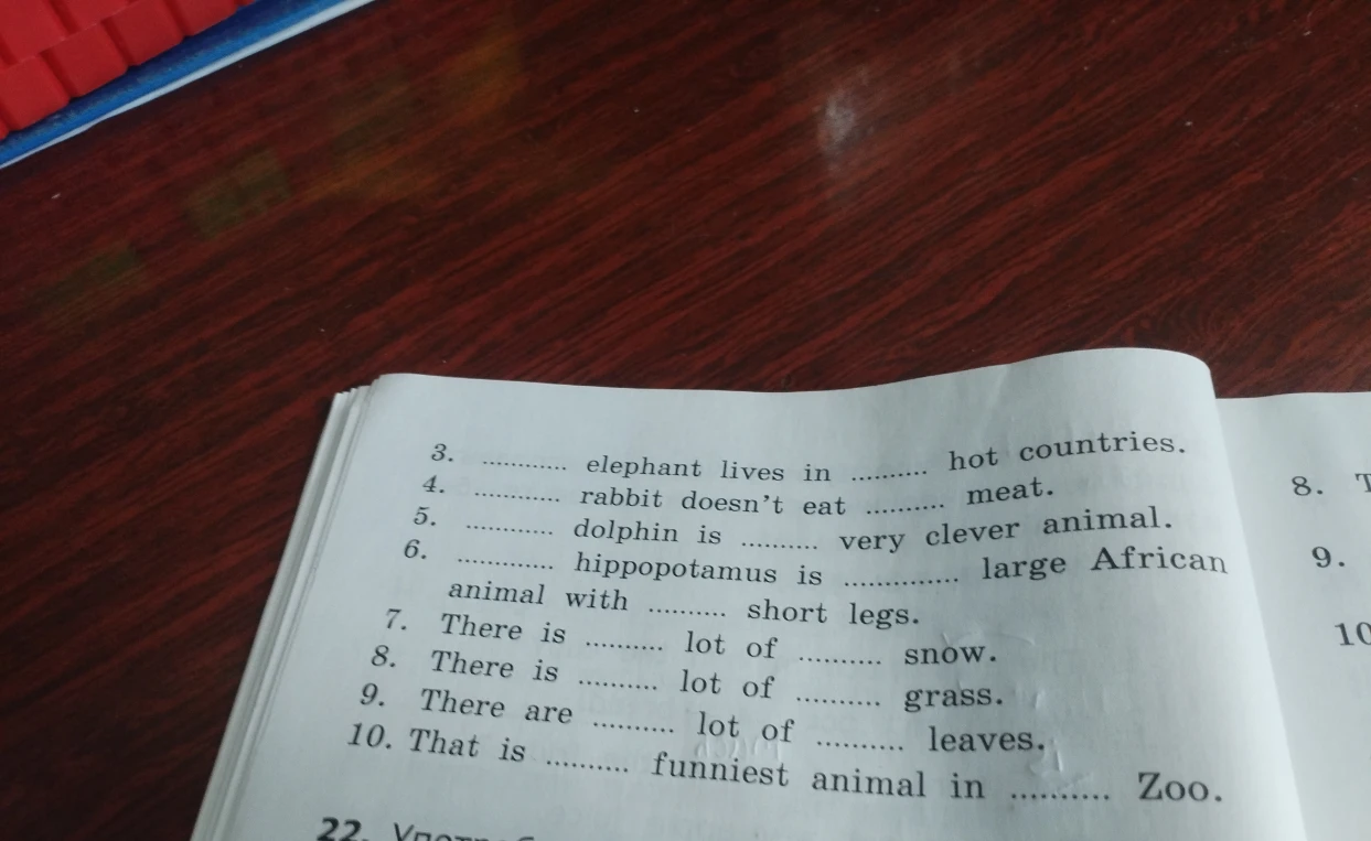3. ........ elephant lives in ........ hot countries. 4. ........ rabbit doesn't eat ........ meat. 5. ........ dolphin is ........ very clever animal. 6. ........ hippopotamus is ................ large African animal with ........ short legs. 7. There is ........ lot of ........ snow. 8. There is ........ lot of ........ grass. 9. There are ........ lot of ........ leaves. 10. That is ........ funniest animal in ............ Zoo.