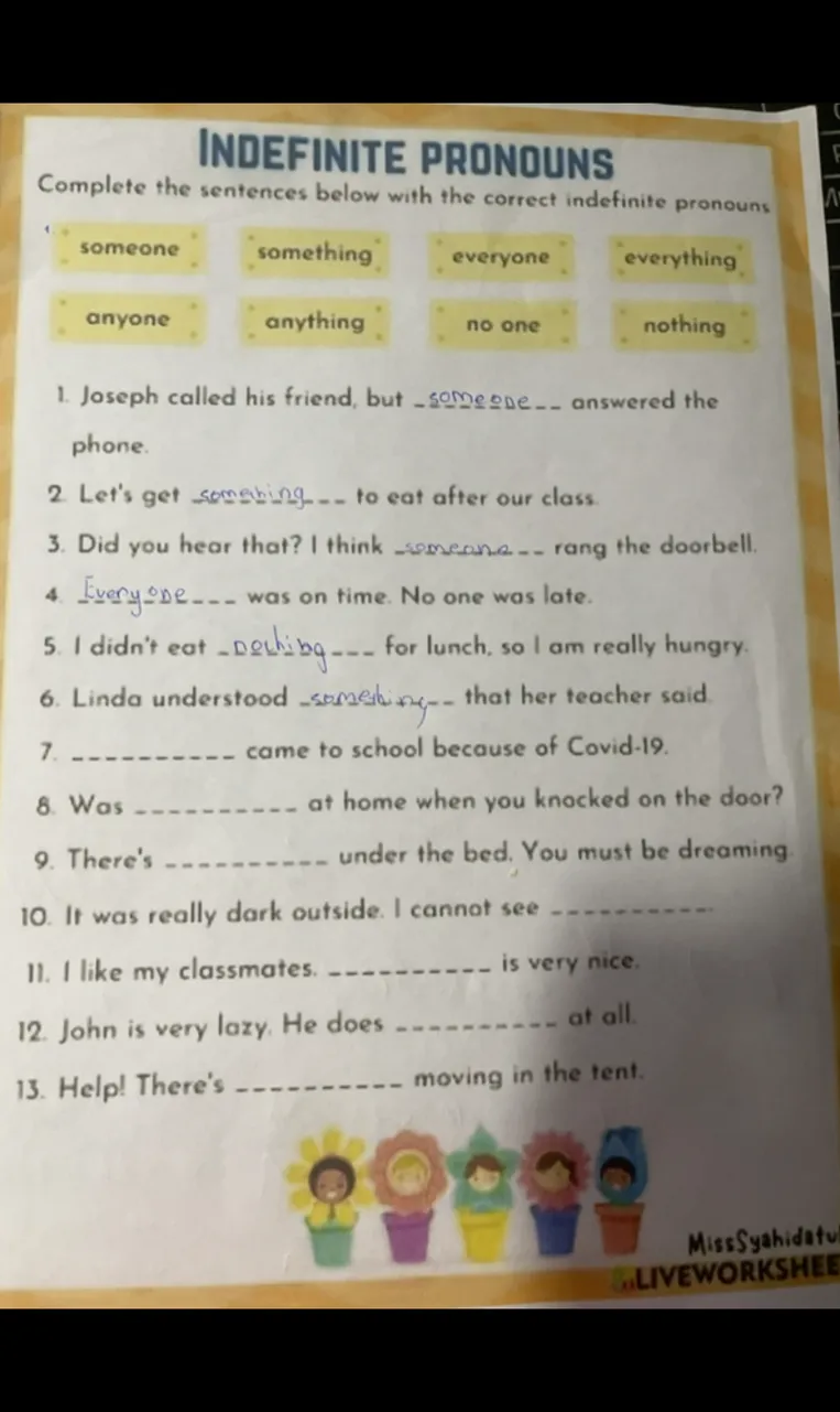 Complete the sentences below with the correct indefinite pronouns