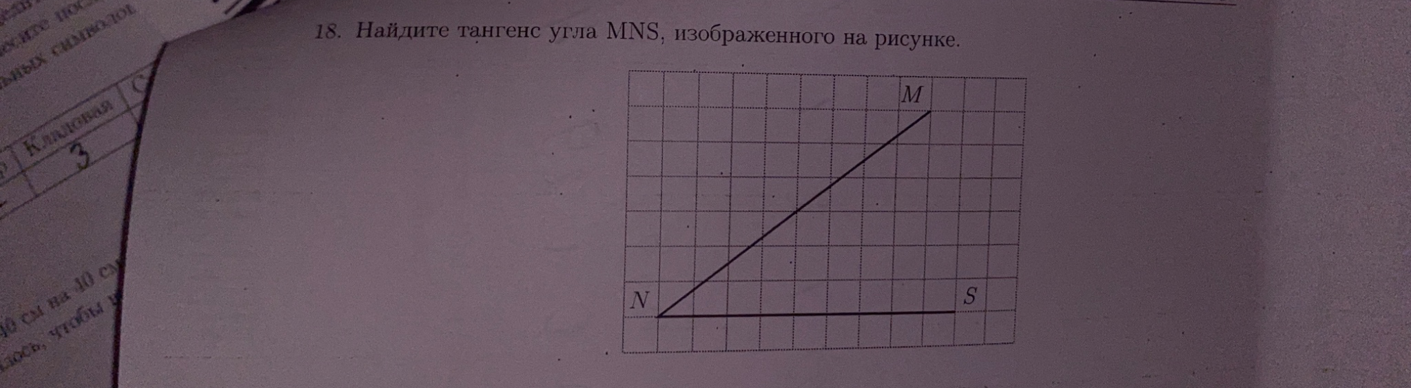 18. Найдите тангенс угла MNS, изображенного на рисунке.