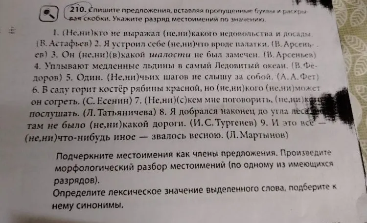 210. Спишите предложения, вставляя пропущенные буквы и раскрывая скобки. Укажите разряд местоимений по значению.