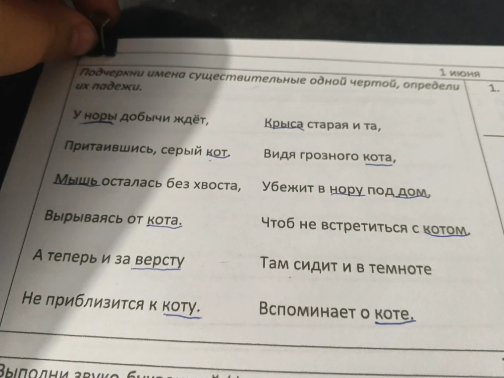 Подчеркни имена существительные одной чертой, определи их падежи.