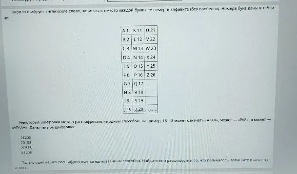 Кирилл шифрует английские слова, записывая вместо каждой буквы ее номер в алфавите (без пробелов). Номера букв даны в таблице: ... Только одна из них расшифровывается единственным способом. Найдите ее и расшифруйте.
