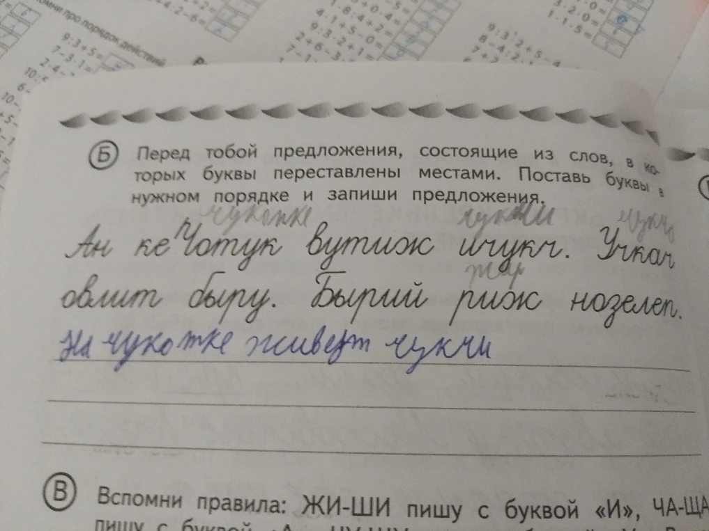 Перед тобой предложения, состоящие из слов, в которых буквы переставлены местами. Поставь буквы в нужном порядке и запиши предложения.