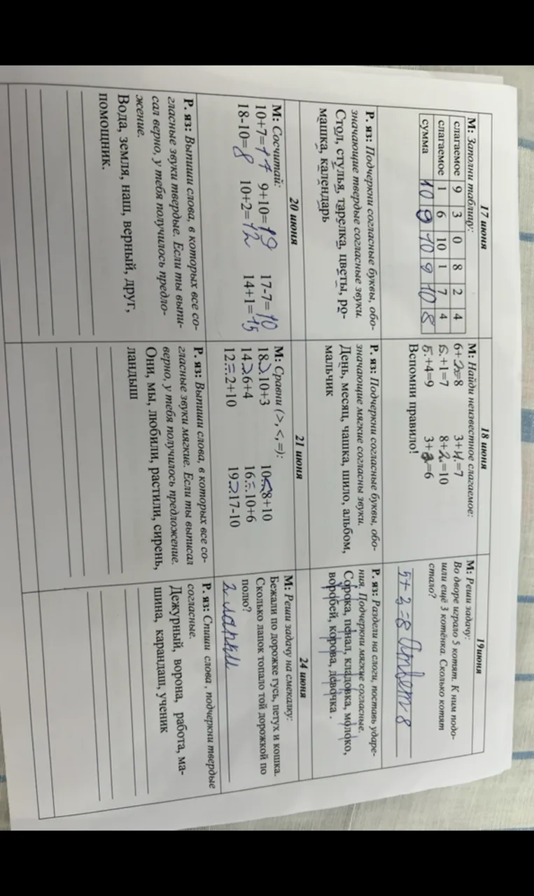 Заполни таблицу: 9+3=12, 1+6=7, 10+1=11, 7+4=11. Решение упражнений по математике и русскому языку.