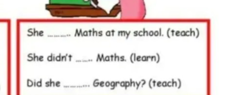 She ....... Maths at my school. (teach)