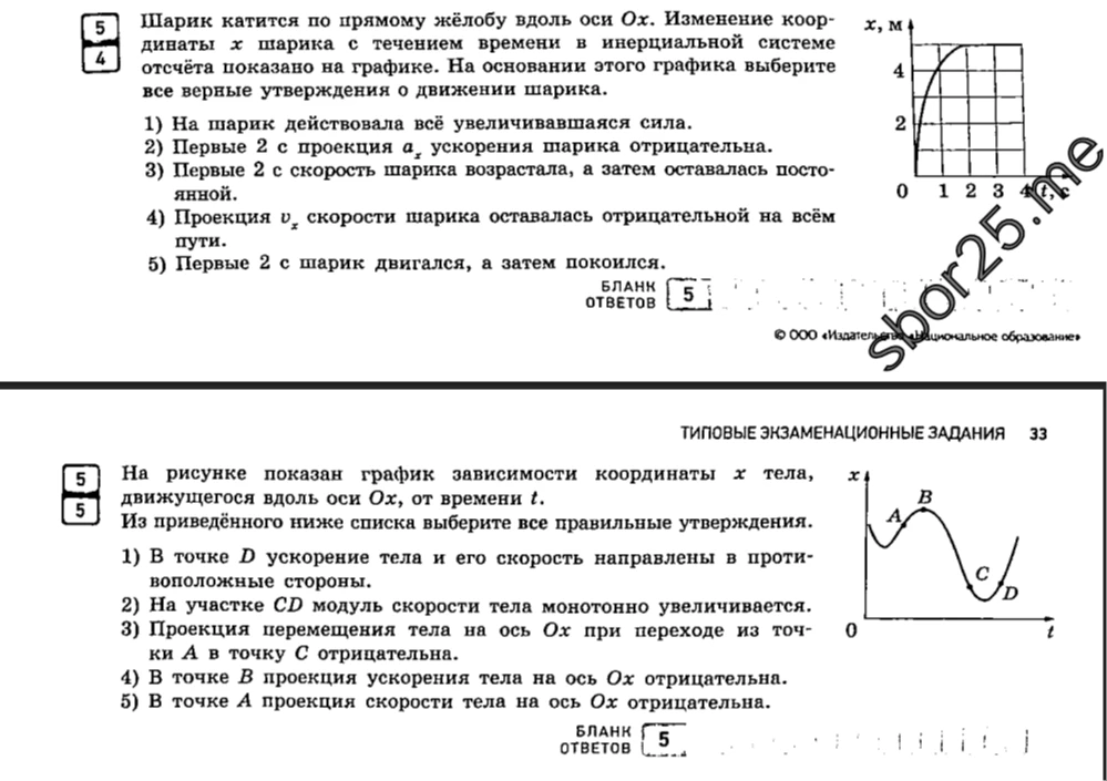 Шарик катится по прямому жёлобу вдоль оси Ox. Изменение координаты x шарика с течением времени в инерциальной системе отсчёта показано на графике. На основании этого графика выберите все верные утверждения о движении шарика.
